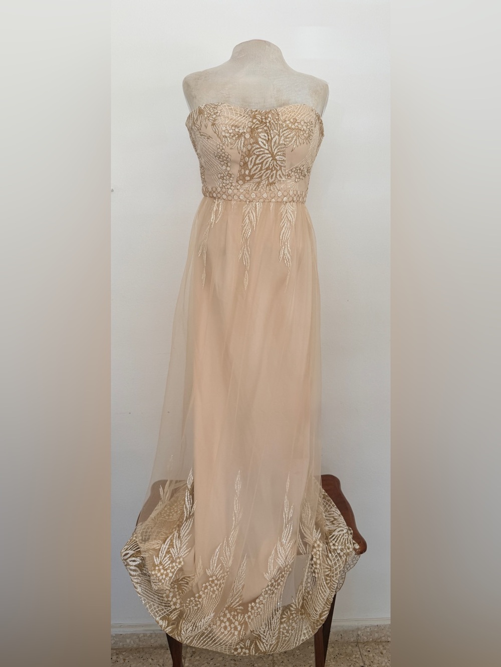 Minuet Champagne Strapless Sequin Tulle Gown Size Small
